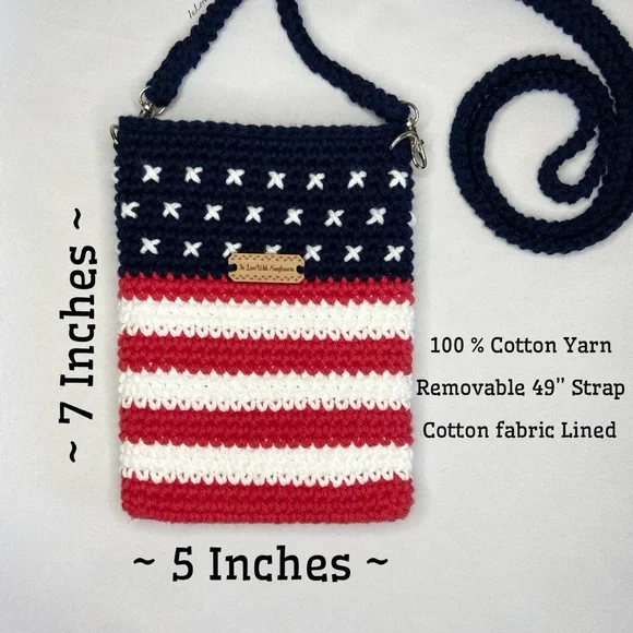 Womens Crossbody Lined Crochet Phone Bag Purse - 4th of July - USA flag - Picture 3 of 11